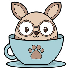 Cute Cartoon Dog in Blue Cup with Paw Print Design and Wearing Glasses
