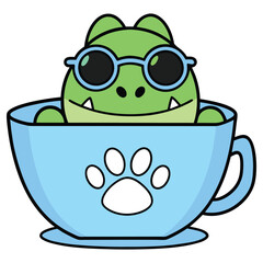 Cartoon Green Monster with Sunglasses in a Blue Teacup with Paw Print