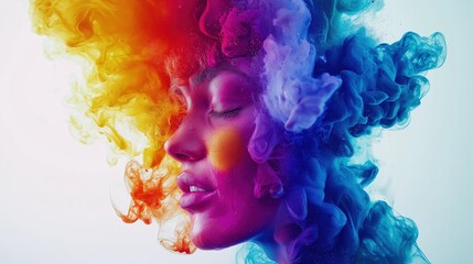 Fototapeta premium Abstract portrait of woman with colorful swirling smoke in profile view