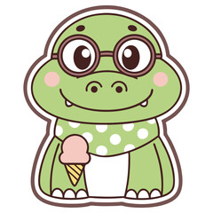 Cartoonish Green Turtle with Glasses, Scarf and Ice Cream on Transparent Background