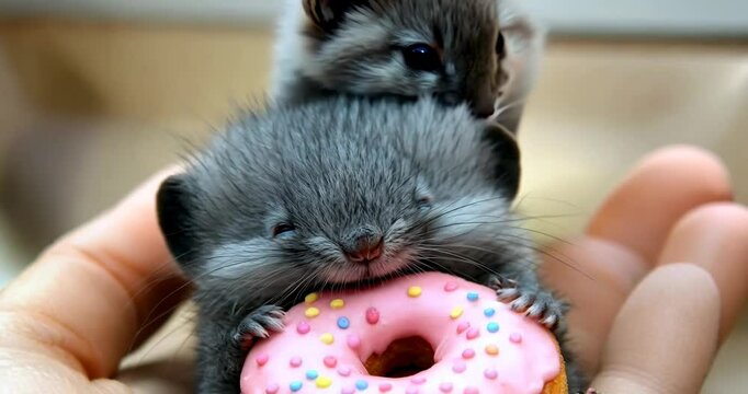 Adorable kittens enjoying a pink sprinkledonut adventure in hands