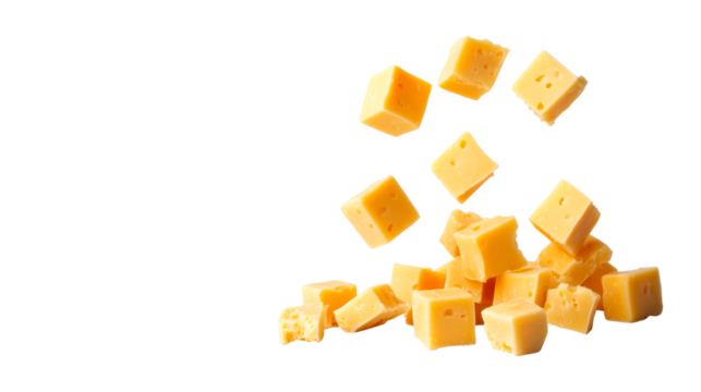 Cheese cubes scattered and stacked, dairy product, cut out transparent