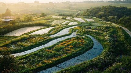 Aerial sunrise view of terraced rice fields with vibrant green and yellow hues