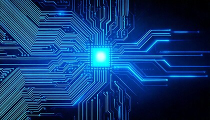 Neon blue circuit board glowing against a dark background
