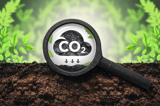 Magnifying glass on soil shows CO2 cloud absorbing into ground, symbolizing carbon sequestration and environmental sustainability
