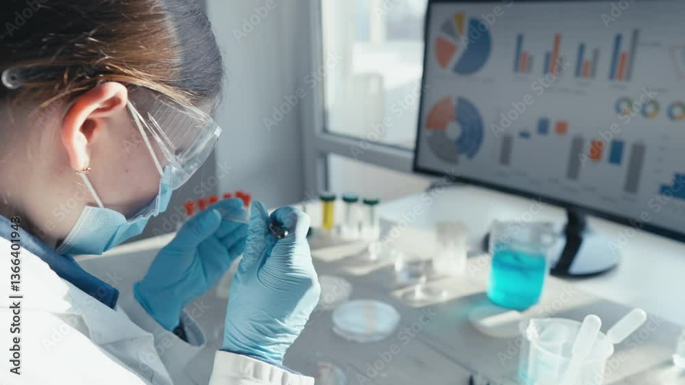 Aufkleber A focused scientist is working in a lab, examining samples and analyzing data on a monitor, highlighting the importance of cuttingedge research in medicine and vaccine development