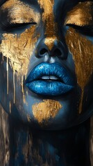 Fototapeta premium Close-up of a face painted in blue and gold, emphasizing elegant artistic patterns and rich textures. A perfect depiction of modern art and conceptual creativity.. AI Generation