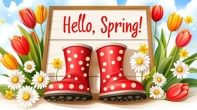 Funny red polka dot rain boots stand near wooden sign hello, spring, surrounded by flowers
