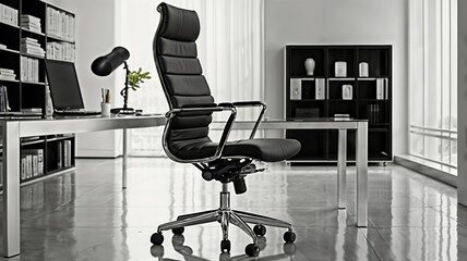 Luxurious Black Leather Office Chair with Modern Interior Design Elements.