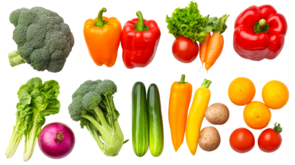 Assorted vegetables and fruits arrangement, close up, cut out transparent