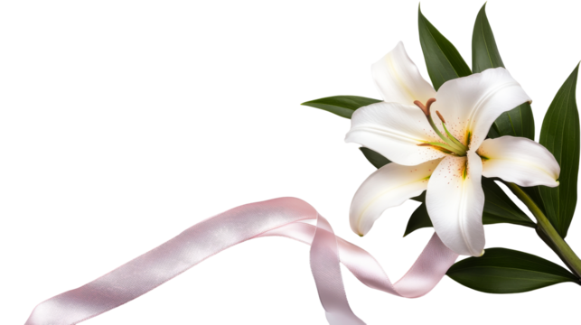 White lily bloom with pink ribbon, elegant floral arrangement, cut out transparent