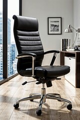 Luxurious Black Leather Office Chair with Modern Interior Design Elements.