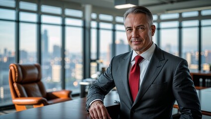 Fototapeta premium Professional businessman in a suit poses confidently against a city view. Elegant and modern, representing success and leadership.