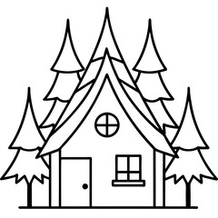 Witch's cottage in the woods line art vector illustration