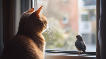 Curious Cat and Bird: A ginger cat sits by a window, its gaze fixed on a small bird perched outside, creating a moment of peaceful observation and shared curiosity.