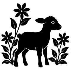 Little lamb in a flower field silhouette vector illustration