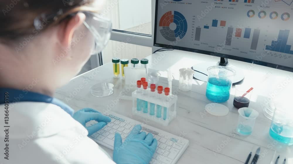 Aufkleber A dedicated scientist in a laboratory setting works meticulously with test tubes and monitors data analysis on a computer screen, reflecting advanced scientific research in medicine.