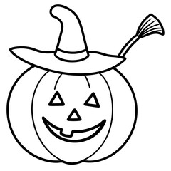 Pumpkin with a witch hat and broom line art vector illustration