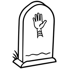 Tombstone with a skeleton hand rising from the group line art vector illustration