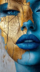 Striking close-up of a face painted in vibrant blue with intricate gold leaf textures, highlighting the artistic blend of bold colors and delicate details. Perfect for abstract art themes.. AI
