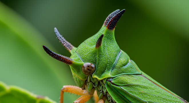 Close-up showcasing an ornate green treehopper with pronotal helmet detail