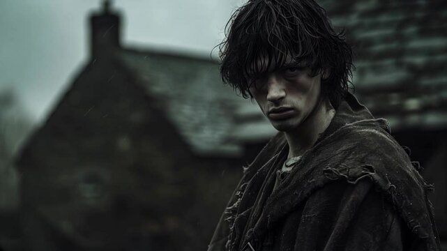 Young Man with Messy Hair and Torn Clothes Standing in the Rain Loop