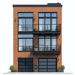 Obraz premium Stylish Brick Townhouse Design with Garages and Balconies on White Canvas