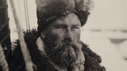Rugged Bearded Man in Fur Hat Staring into the Distance Loop