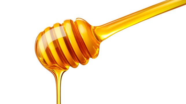 Honey dripping from a wooden dipper with a transparent background