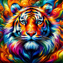 Vibrant abstract tiger portrait with swirling colors.