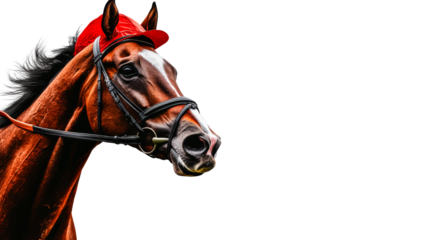 Horse with headgear, equine portrait, black background, cut out transparent