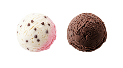 Two scoops of ice cream, vanilla and chocolate, isolated, cut out transparent