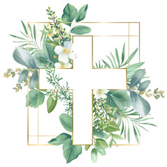 Graphic Easter Cross Clipart, Spring Floral Arrangements, Baptism Crosses DIY Invitation, Golden frame and foliage watercolor on transparent background