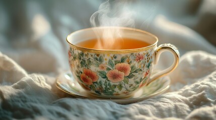 Fototapeta premium Floral Teacup, Warm Drink, Cozy Morning
