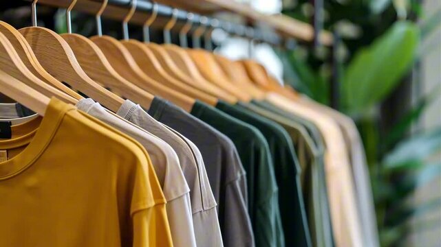 	
Clean, ironed shirts on a hanger in a store or at home in a light wardrobe. Clothing store concept for sale	
