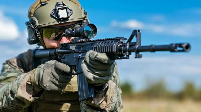 Soldier aiming a rifle during training in an outdoor setting with clear blue skies