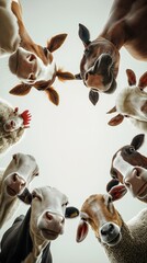 Circle of farm animals with detailed expressions on light background