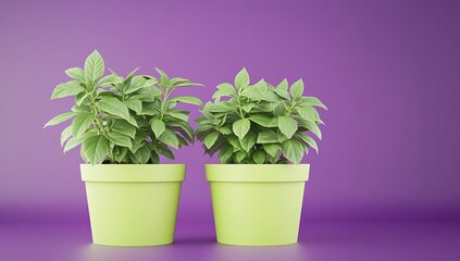 Fototapeta premium Chic green plants in bold purple containers, complemented by a soft purple background, creating a visually appealing decorative element