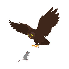 Obraz premium A detailed illustration of a brown owl swooping down towards a small grey mouse in a flat vector art style
