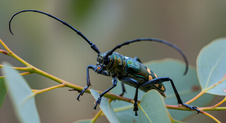 Close-up of the eucalyptus longhorn beetle perching on a leafy branch