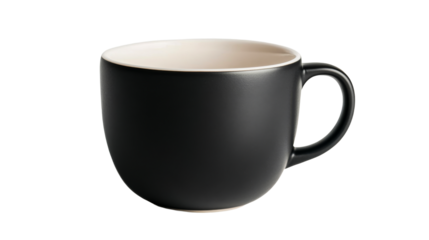Matte black mug with handle isolated on transparent background, cut out transparent