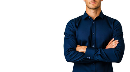 Confident man with crossed arms in blue shirt, cut out transparent
