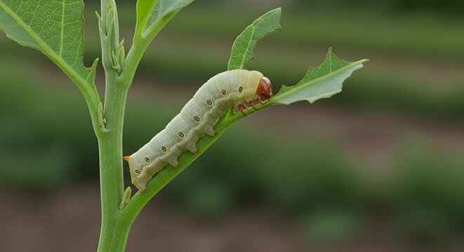 Close-up view of a cutworm moth larvae feeding on a plant stem and leaf