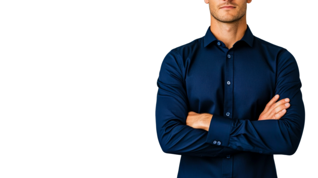 Confident man with crossed arms in blue shirt, cut out transparent