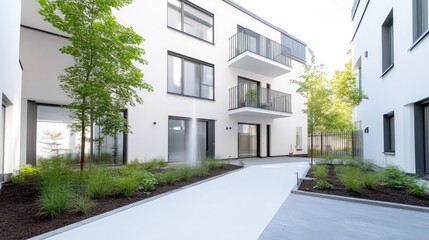 Fototapeta premium Modern apartment courtyard with lush greenery and clean lines. A peaceful inner courtyard area is highlighted by contemporary architecture, landscaping, and well-maintained pathways