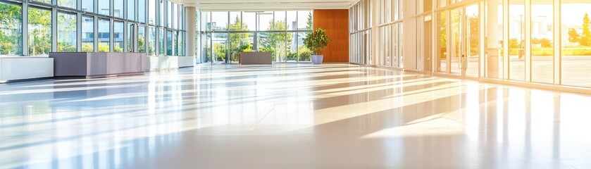 Fototapeta premium Sunny modern office lobby,plants,glass walls,website banner
