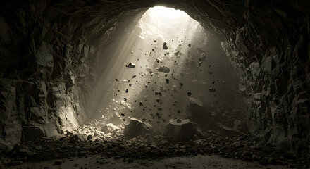 Dramatic cave-in scene with falling rocks and light shafts illuminating dust