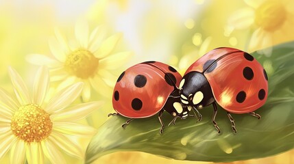 Naklejka premium Cheerful ladybugs gather on a lush green leaf, surrounded by bright and lively flowers