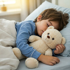 peaceful child sleeping with teddy bear in cozy bed, radiating warmth and comfort