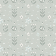 A seamless Scandinavian floral vector illustration in pastel green tones. Features stylized flowers, leaves, and circles in a flat minimalistic style. Perfect for wallpapers, textiles, and stationery.